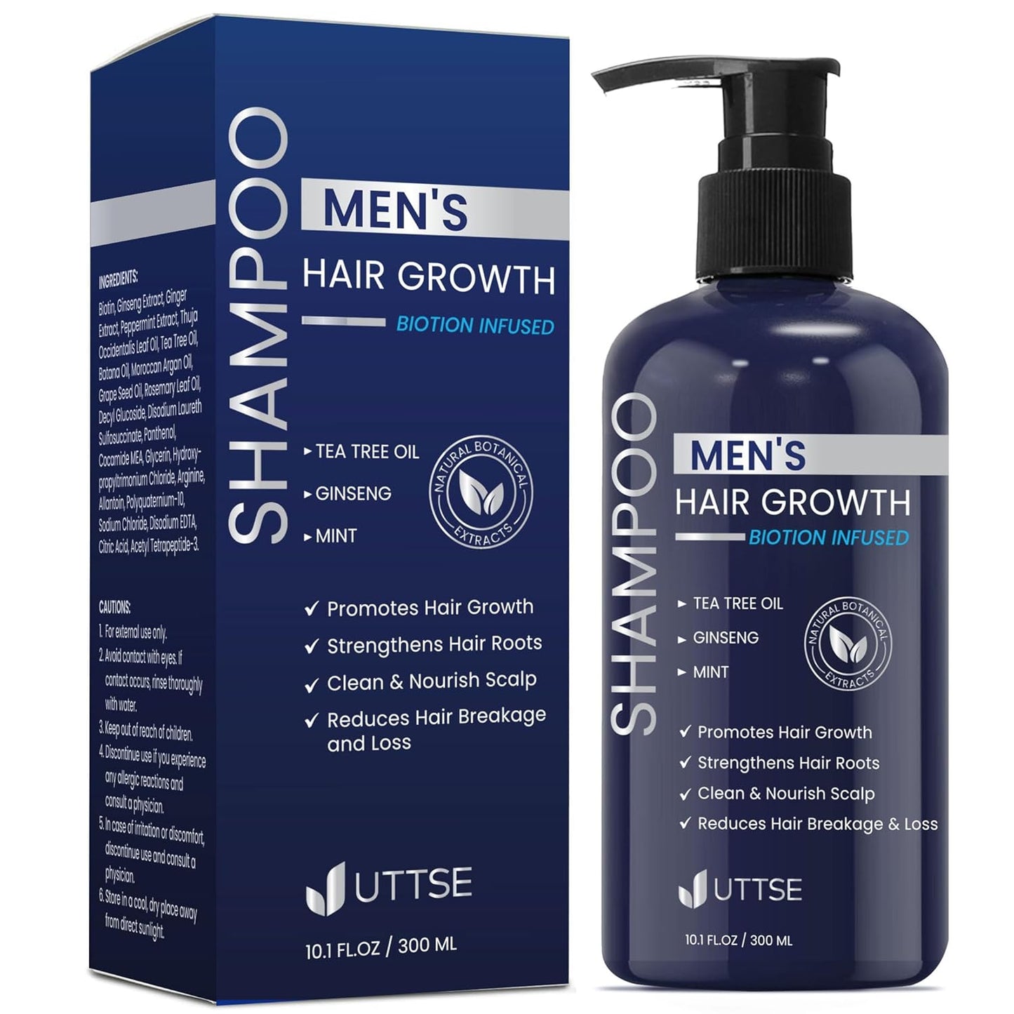 Uttse Biotion Hair Growth Shampoo for Men: Natural Thickening Shampoo with Tea Tree Oil Ginseng Mint for Hair Loss and Thinning Hair - 10.1 fl.oz, Dark Blue