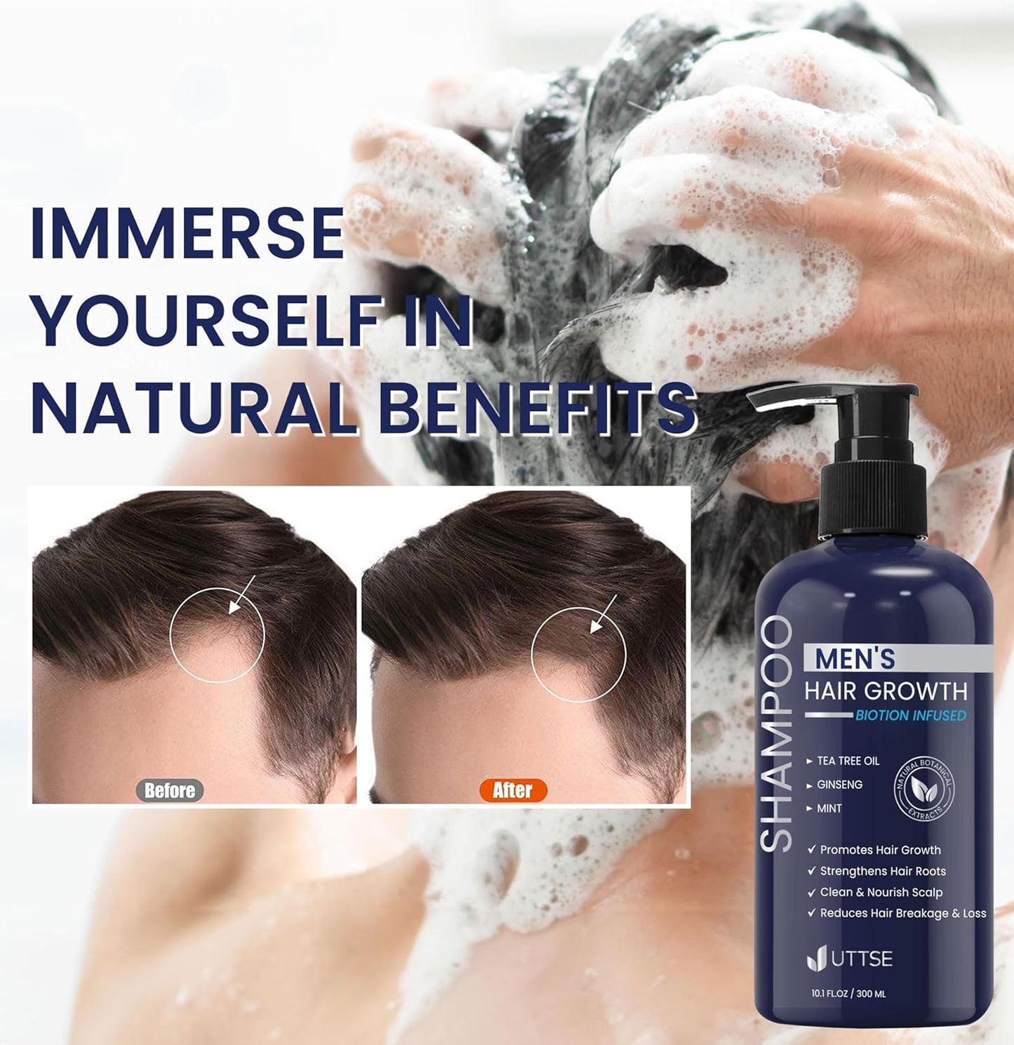 Uttse Biotion Hair Growth Shampoo for Men: Natural Thickening Shampoo with Tea Tree Oil Ginseng Mint for Hair Loss and Thinning Hair - 10.1 fl.oz, Dark Blue
